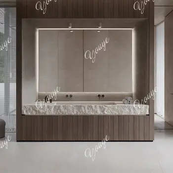 อ่างล้างหน้าคู่แบบวินเทจทำจากหินทราเวอร์ทีน พร้อมพื้นผิวแบบมีเท็กซ์เจอร์ ติดตั้งใต้เคาน์เตอร์ พร้อมท่อระบายน้ำแบบซ่อน  อ่างล้างหน้าสไตล์กลางศตวรรษ ทำจากหินเทียม 1