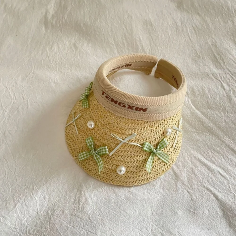 Bowknot Kids Summer Straw Hat Wide Brim Empty Top Large Brim Sun Visor Cap UV Protection Breathable Empty Top Baseball Cap