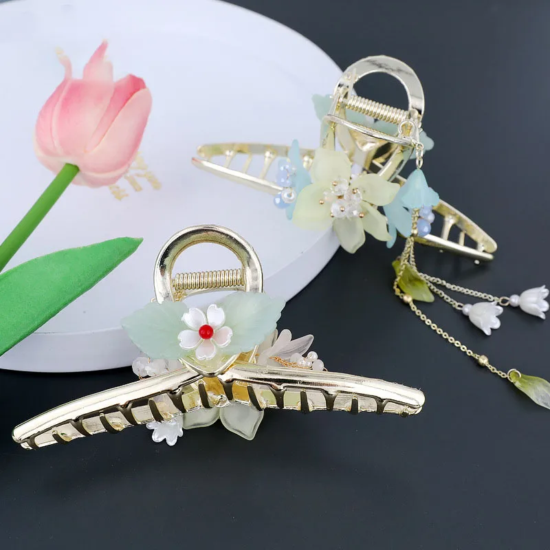 alpaca vintage pearl плед The New Vintage Orchid Tassel  Shark Clip Hairpin Classical flowers Pearl Shark Clip Women's Elegant Headdress hair accessories