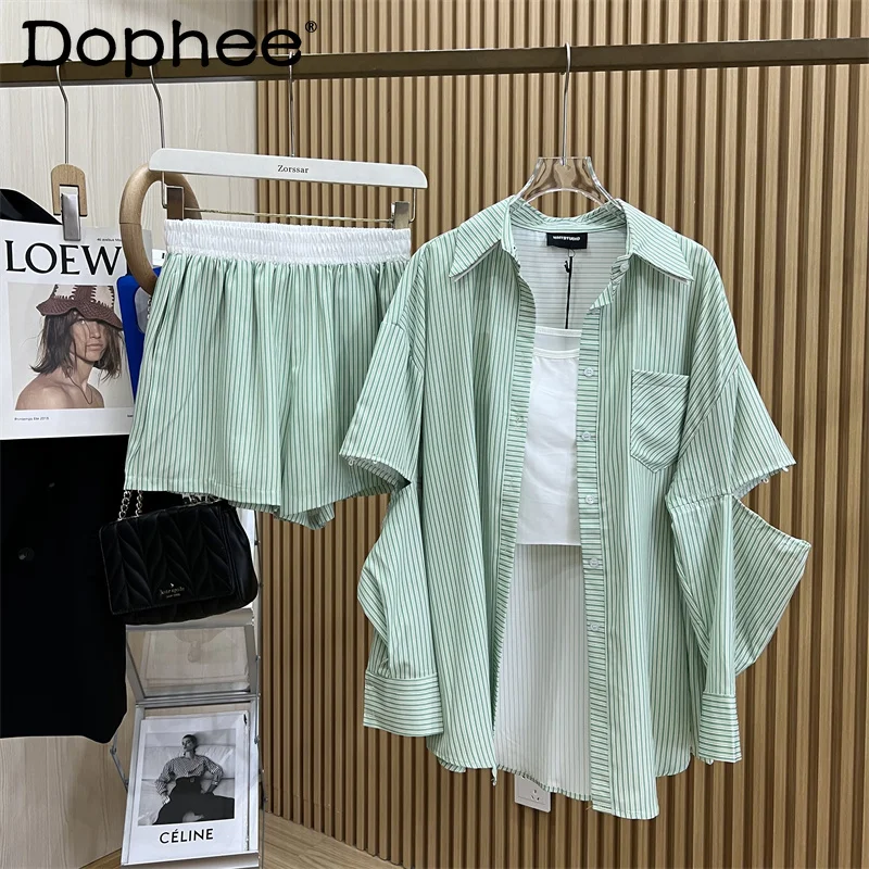 

Fashion Casual Striped Shirt Sling Elastic-Waist High Waist Wide-Leg Shorts Vacation Travel Three-Piece Sets For Women's Clothes