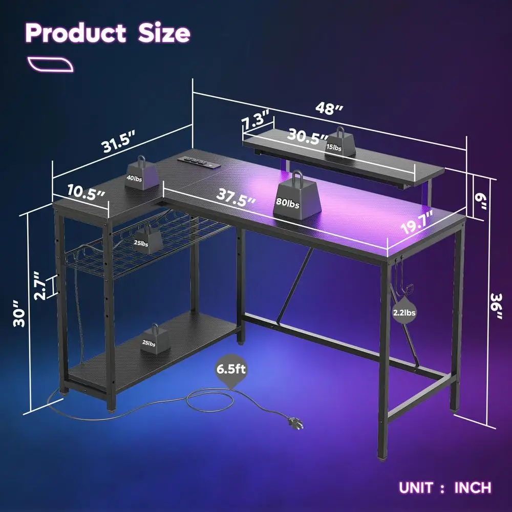 48 Inch L Shaped Gaming Desk with LED Lights Power Outlets Monitor Stand Reversible Shelves Adjustable Height Durable Carbon 6