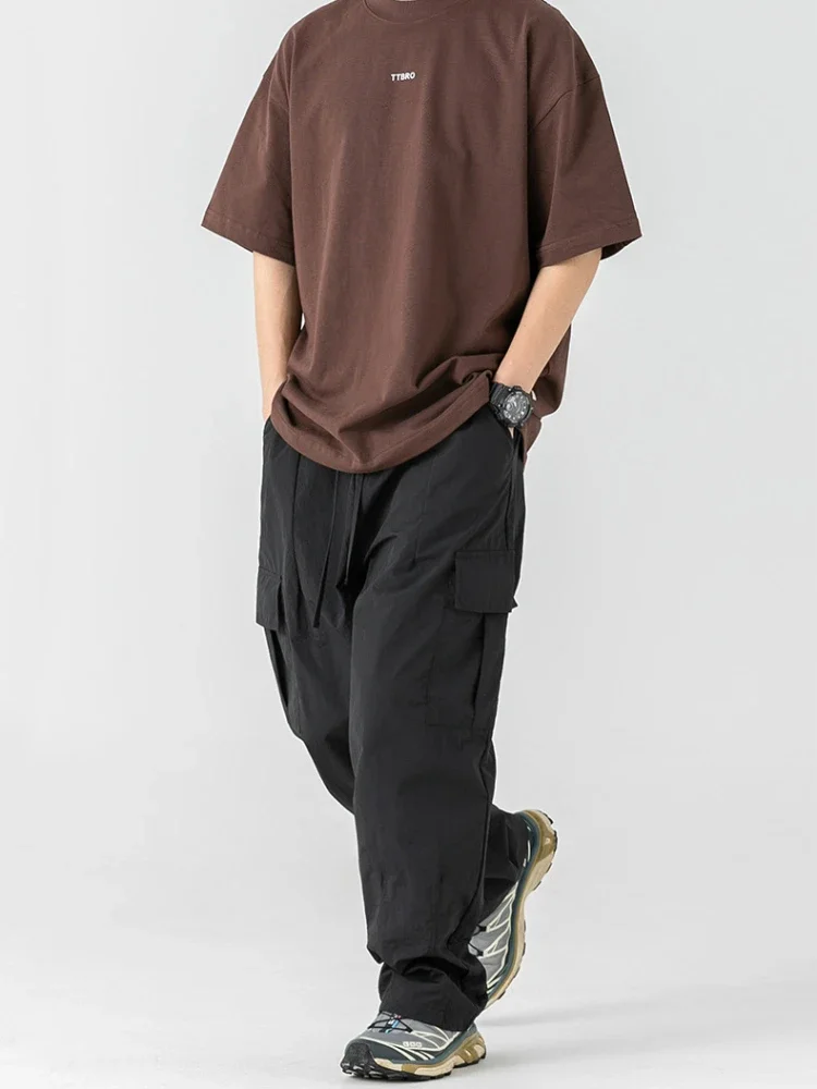 New Multi-pocket Casual Pants Japanese Mens Clothing Spring and Autumn Outdoor Loose Solid Color Straight Wide-leg Cargo Pants