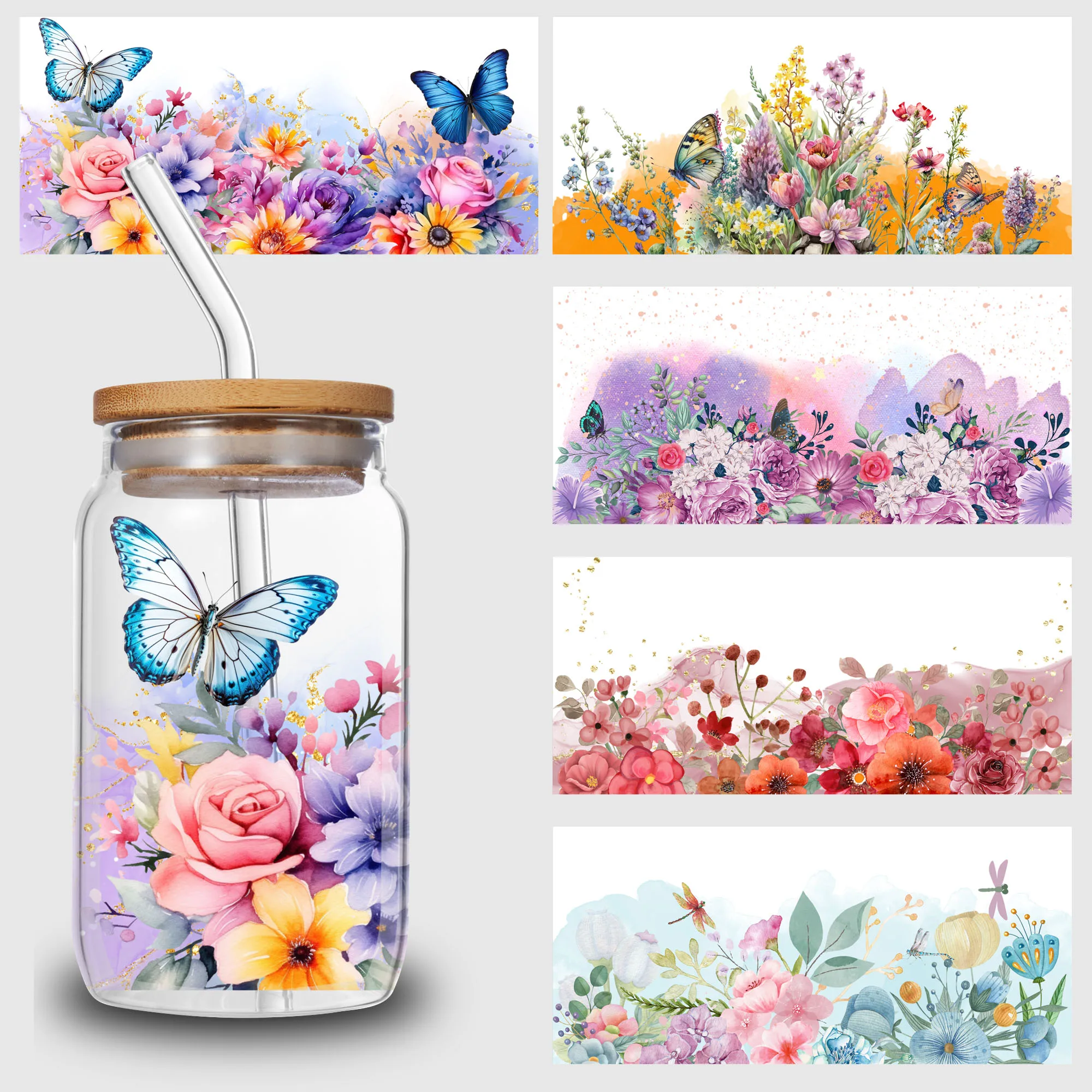 5 Sheets flower UV DTF Cup Stickers Sports DTF Transfer Stickers for Glass Waterproof Beautiful Butterfly Rubbing Transfers