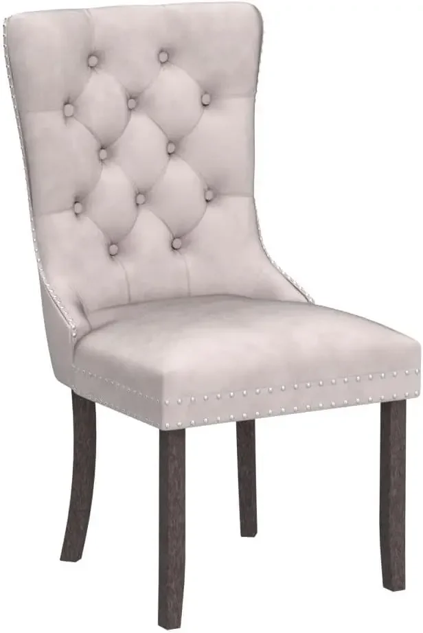 Tufted Dining Chairs Set of 6, Velvet Upholstered Dining Chairs with Nailhead Back and Ring Pull Trim, Solid Wood Dining Chairs 6