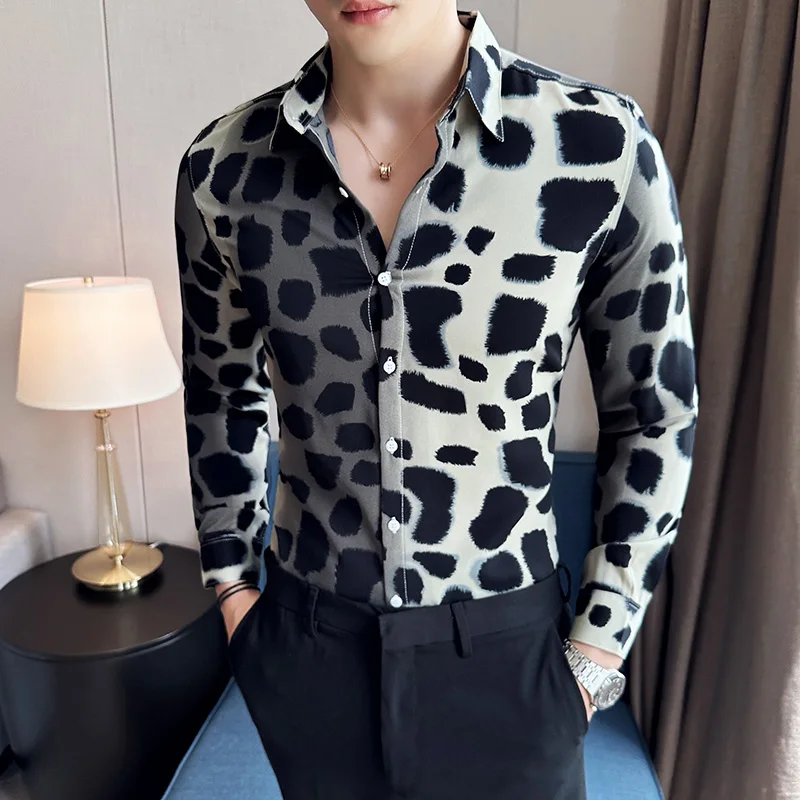 

2023-New Men's Fashion Business Gentleman Trend Fashion Korean Version Everything Casual British Personality Leopard Print Shirt