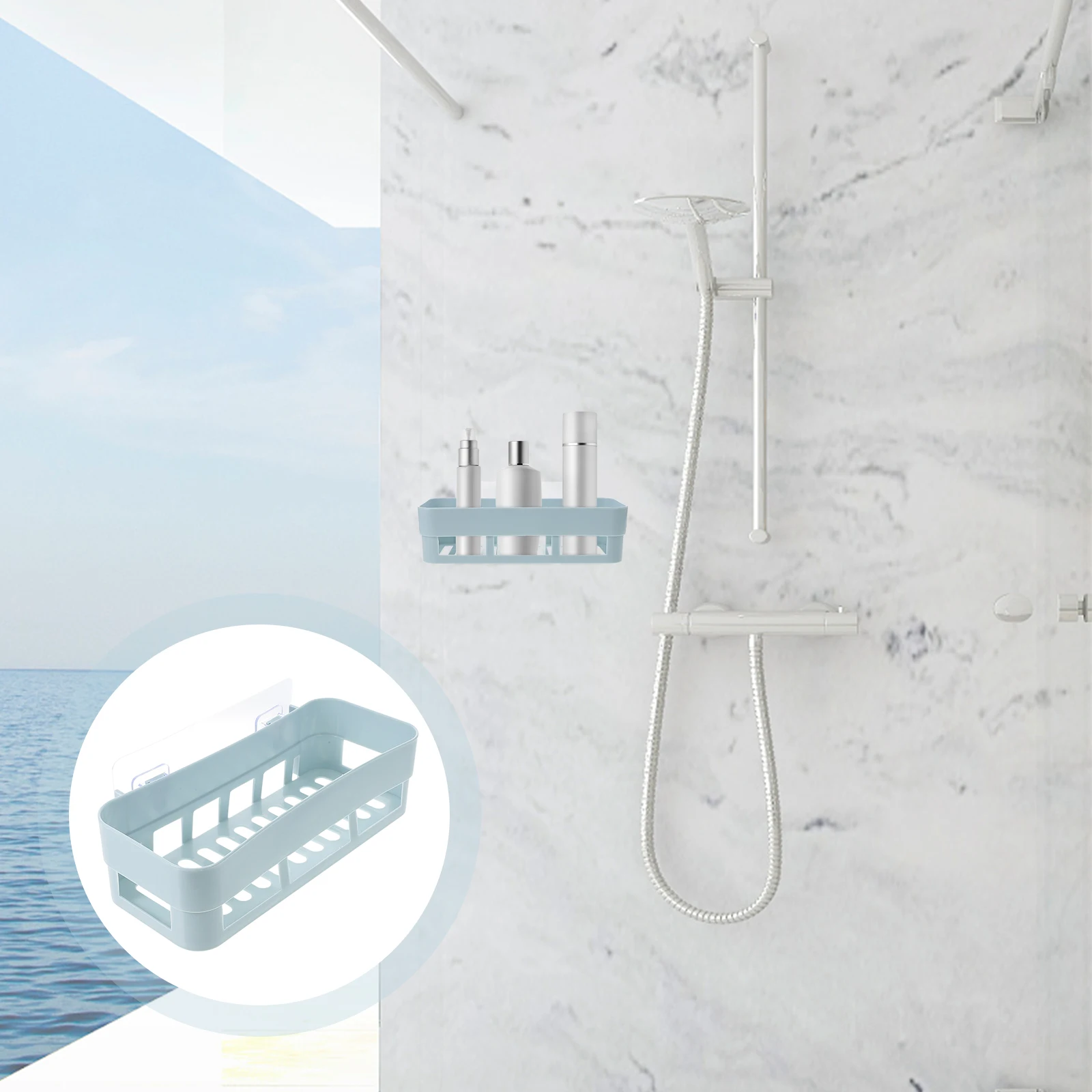 ชั้นวางของในห้องน้ำพลาสติก สีฟ้า ดีไซน์แบบติดผนังด้วยตัวดูดสุญญากาศ ป้องกันสนิม ชั้นวางของในห้องอาบน้ำสำหรับจัดเก็บของในห้องน้ำ 1