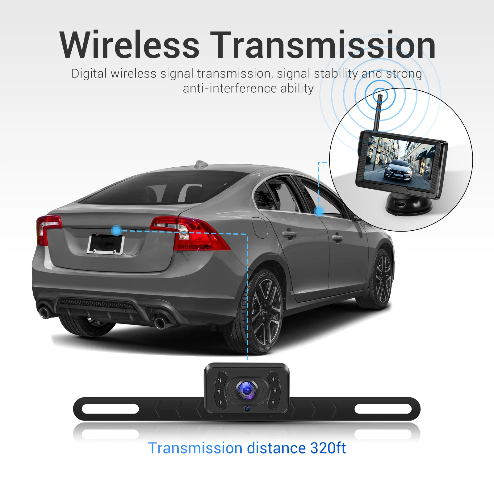 Monitor de coche Podofo de 4.3 pulgadas con pantalla LCD IPS, cámara de respaldo inalámbrica, cámara de reversa antiinterferencias, largo alcance, IP69 a prueba de agua 6