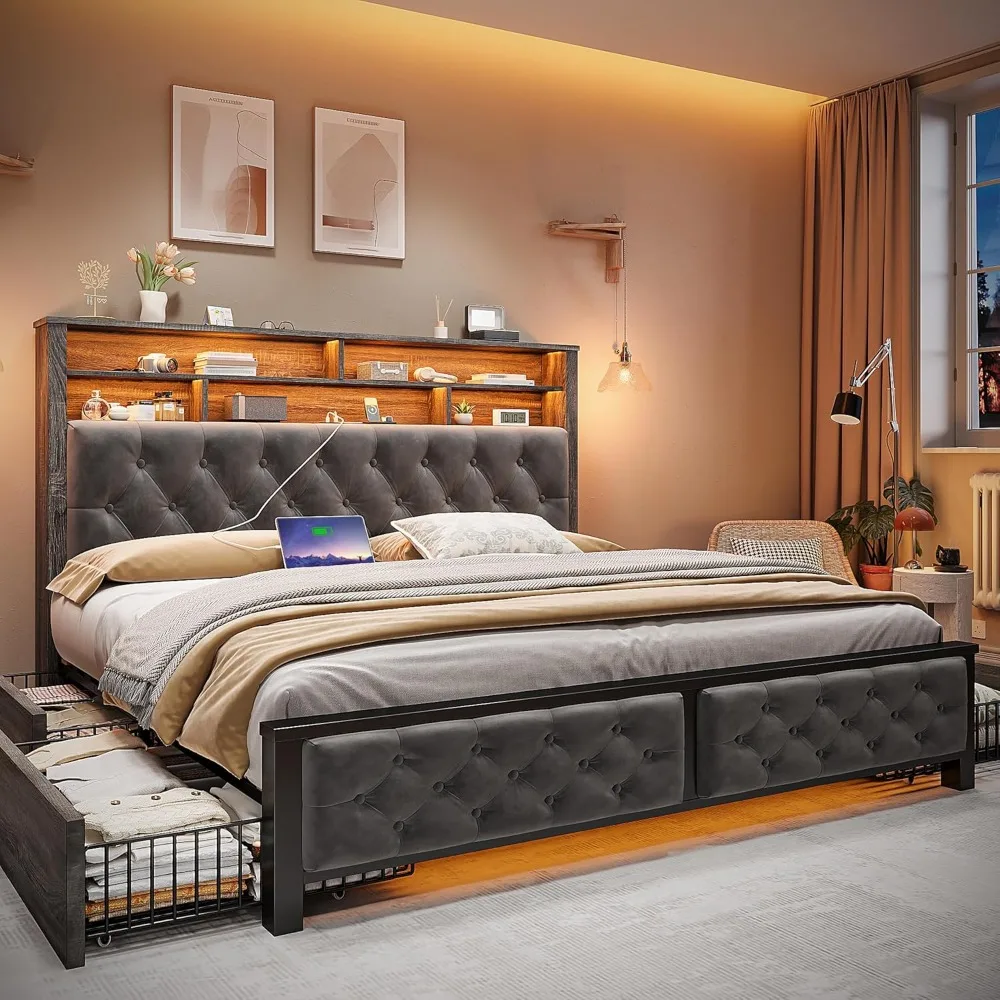 Queen Size Bed Frame with Storage Headboard and 4 Storage Drawers, Velvet Led Queen Size Bed Frame with Charging Station 6