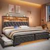 Queen Size Bed Frame with Storage Headboard and 4 Storage Drawers, Velvet Led Queen Size Bed Frame with Charging Station 6