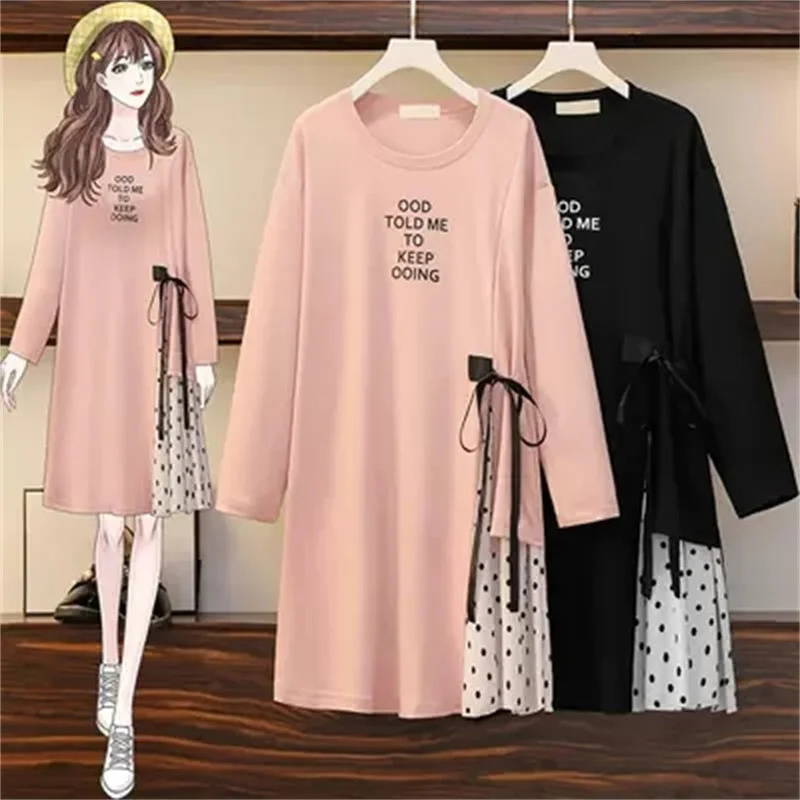 

2024 New Large Size Dresses Women's Clothing Spring Autumn Dress Casual Bow Dot Patchwork Long-sleeved Sweatshirts Dress
