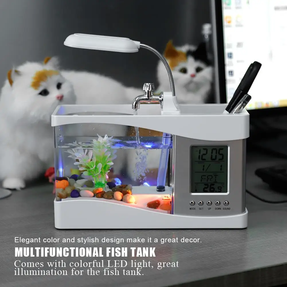 USB Rechargeable Mini Desktop Aquarium with LED Light LCD Display & Clock Multifunctional Fish Tank Supplies