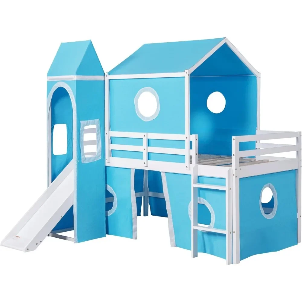 Low Loft Bed with Tent and Slide, Solid Wood Loft Frame with Safety Guardrails and Ladder for Kids Bedroom,Easy Assembly 4