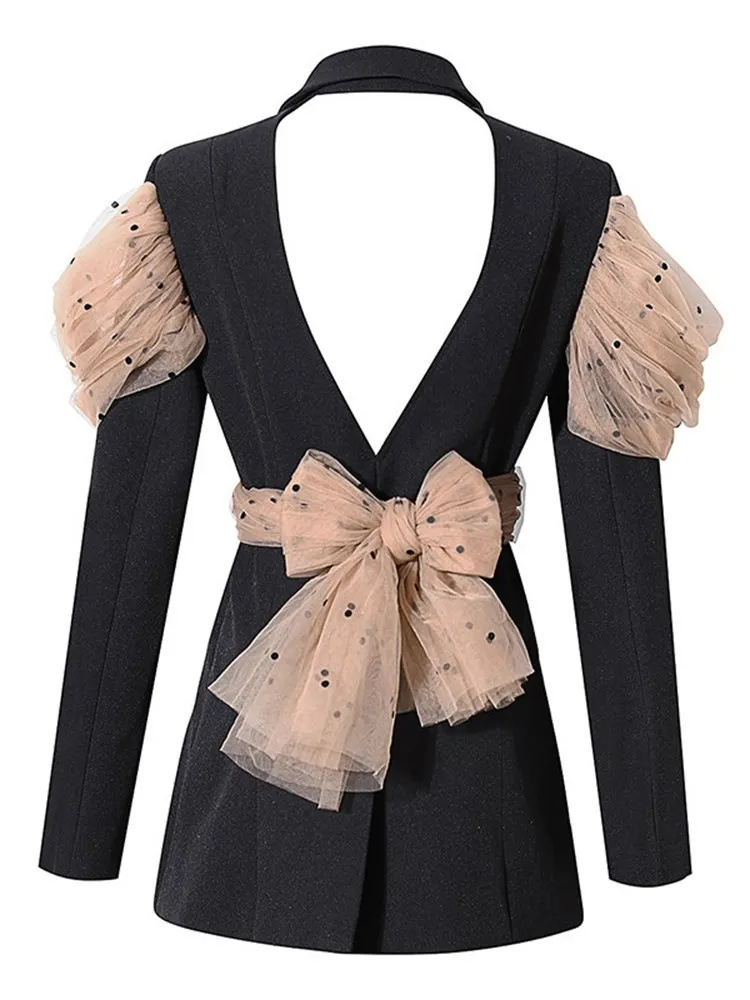 TWOTWINSTYLE Colorblock Elegant Blazers For Women Notched Collar Long Sleeve Patchwork Bowknot Casual Blazer Female Fashion New