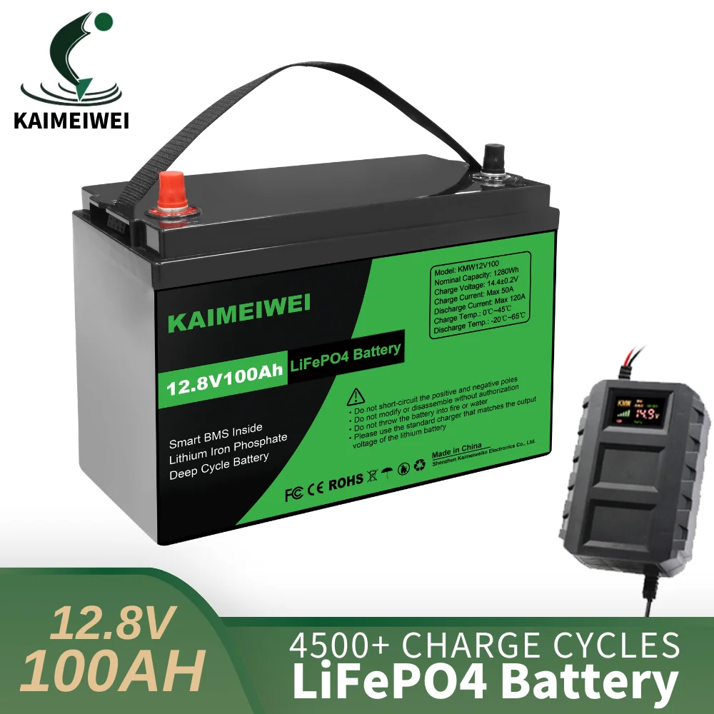 LiFePO4 - Batería de litio de 12 V, 100 Ah y 1280 Wh con BMS integrado,  batería de fosfato de hierro y litio de más de 4500 ciclos profundos para  RV