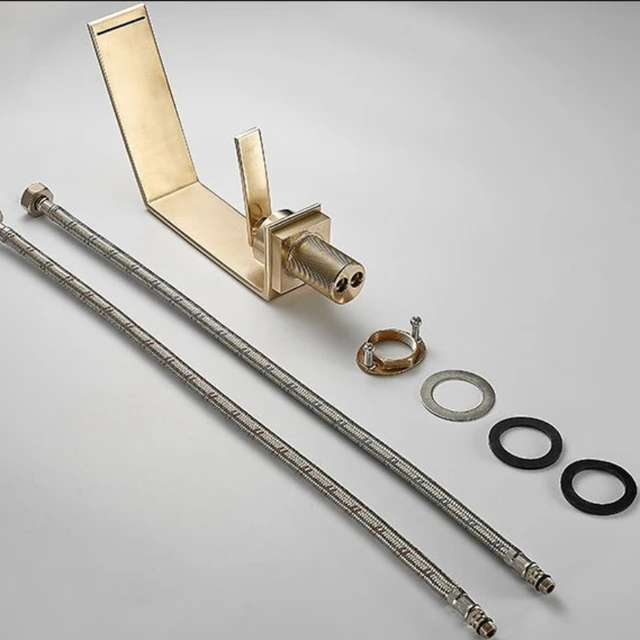 ร่วมสมัย Luxury Brushed Gold อ่างล้างหน้า Hot & Cold Water Mixer ก๊อกน้ําห้องน้ําอ่างล้างจานน้ําตก Spout ผสมอ่างล้างหน้าก๊อกโลหะ 5