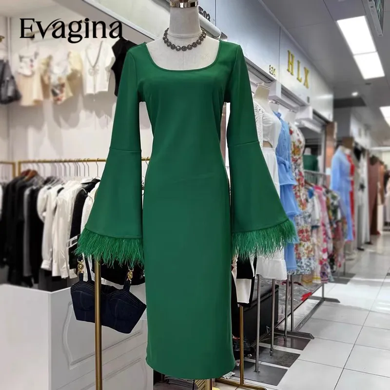 

Evagina New Fashion Runway Designer Women's Simple Style Round Neck Long Trumpet Sleeve Splicing Slim Solid Color Dress