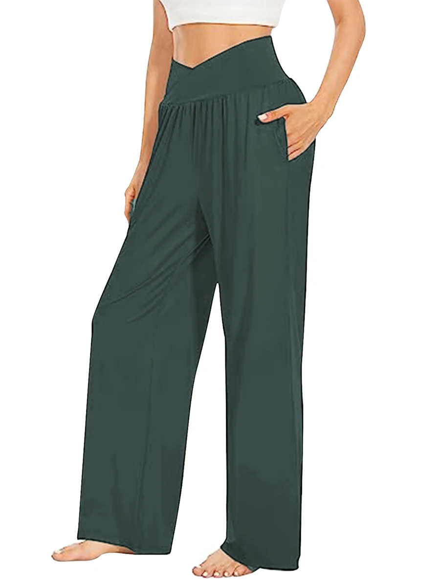 

Women s Wide Leg Lounge Yoga Pants Lightweight Crossover High Waisted Loose Flowy Lounge Pajama with Pockets