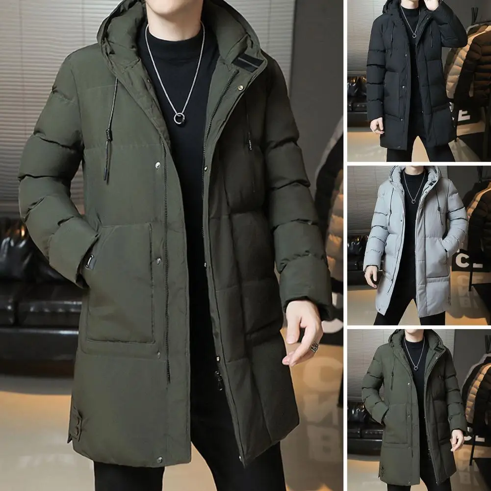 Hooded Mid-length Cotton Coat Windproof Hooded Winter Coat with Pockets Lightweight Cold Resistant Men's Outerwear for Outdoor