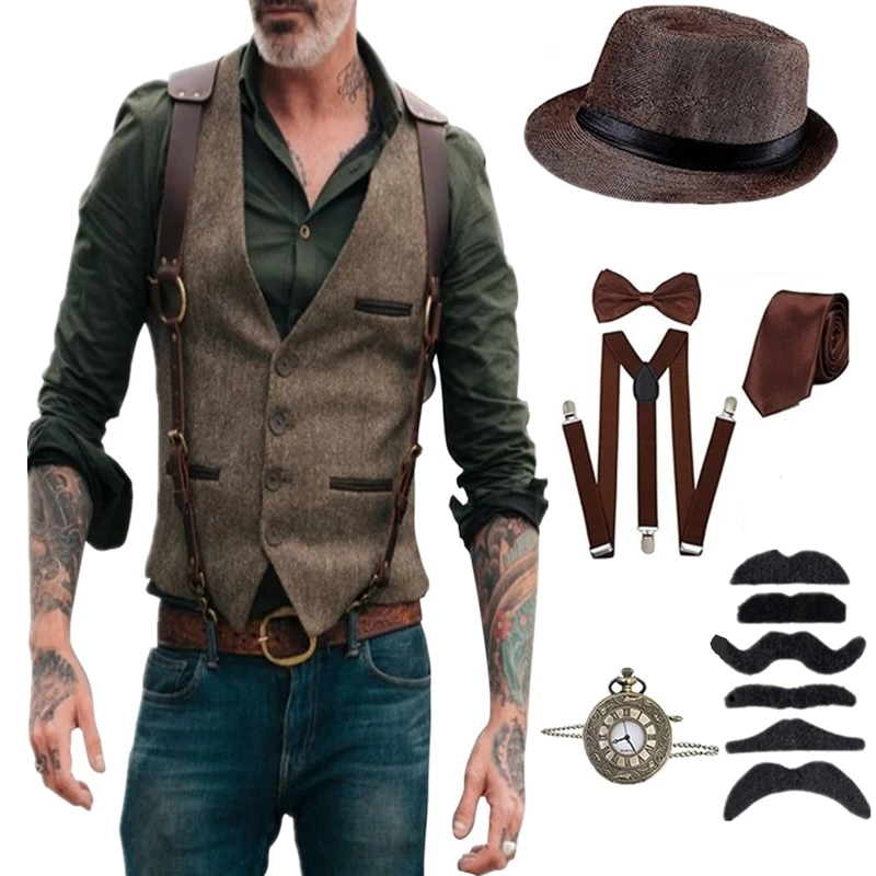 1920 Popular Men's Vest Suit Western-style clothe Retro V-neck Single breasted Business Casual Coat Set Inventory Men's Clothing