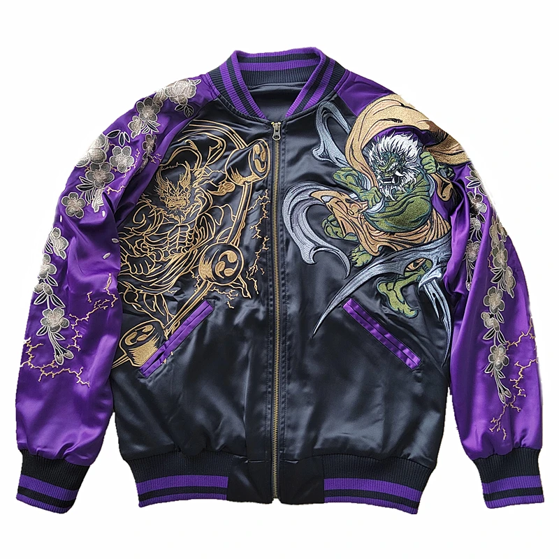 NEW Fujin vs Raijin Purple Men Boys Heavy Work Embroidered Sukajan Souvenir Jacket High Street High Quality Coats Autumn Spring 2