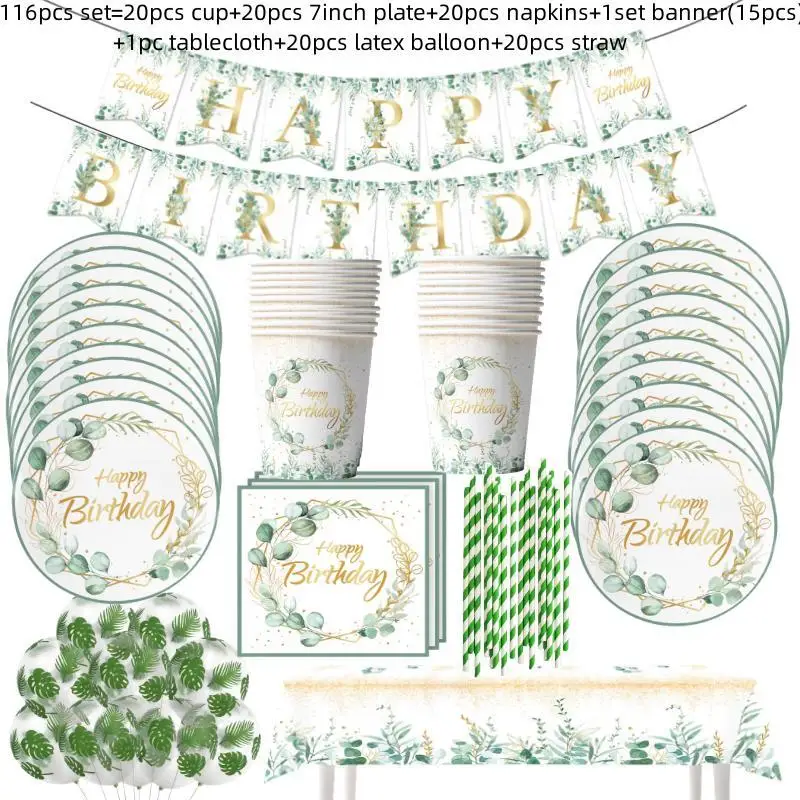 

Eucalyptus Leaves Theme Party Decoration Set Green Leaves Disposable Tableware Cup Plate Tablecloth Birthday Party Supplies