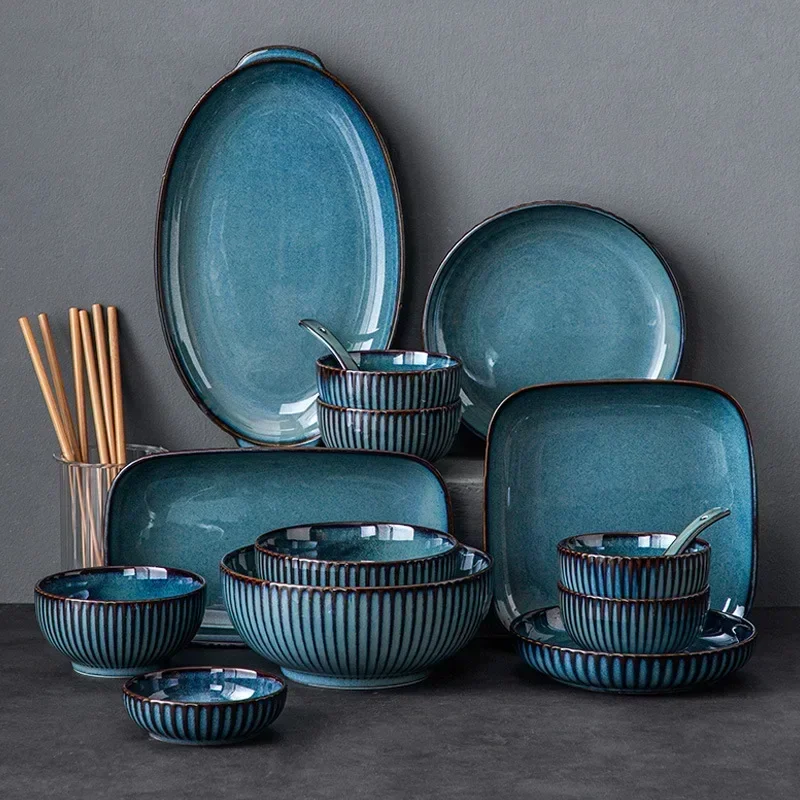 Blue kiln glaze tableware, ceramic rice salad, plate, plate, fish tableware dinner set plates and dishes