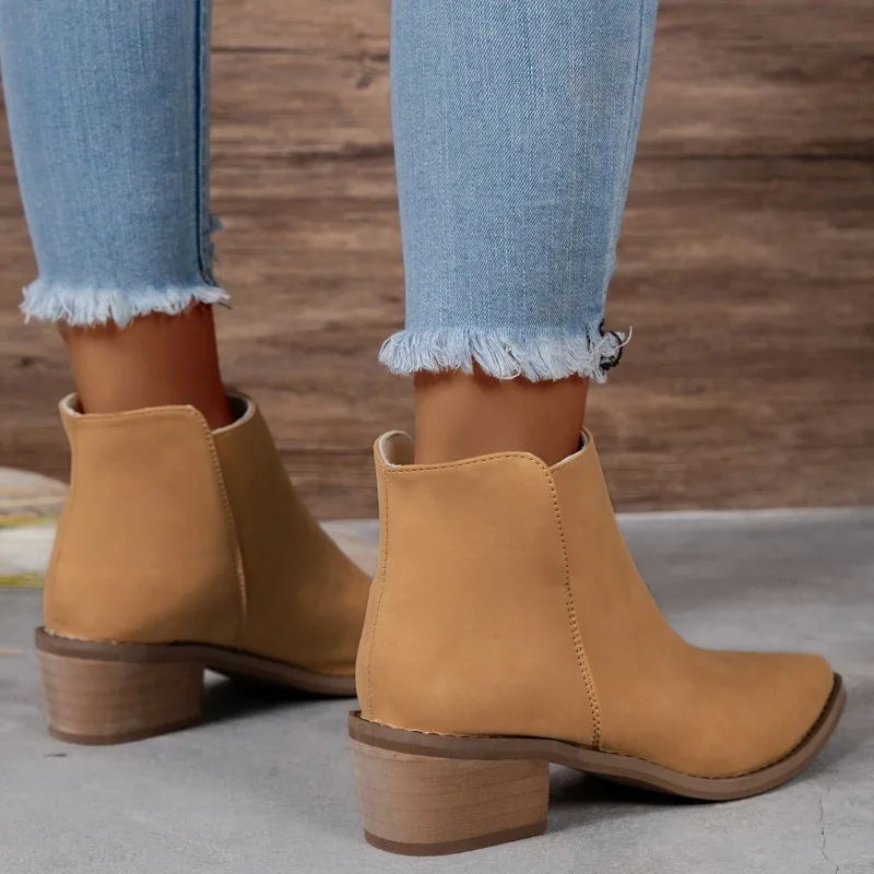 Women's leather elastic splice slip-on flats Fall ankle boots Square toe casual short Chelsea boots Shoe hot boots  women shoes