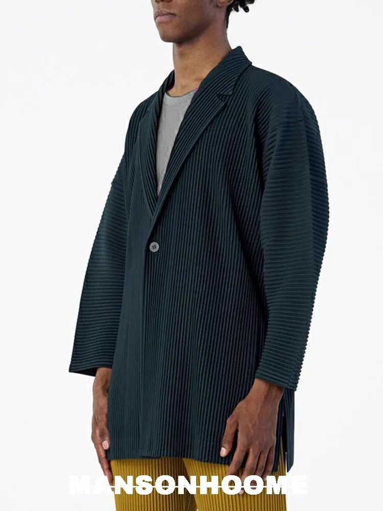 Miyake Pleated Cardigan Single Buttom Long Jacket Men Smart Causal Designer Loose Coats 4