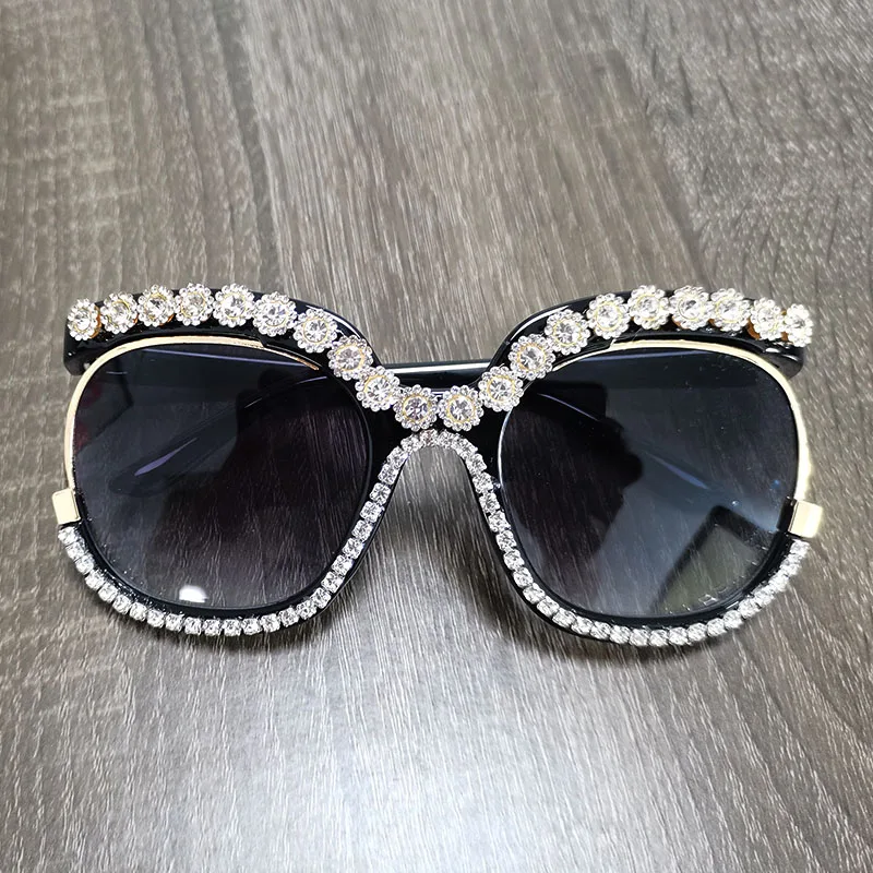 Oversized Diamond Sunglasses Women Mini Flower Rhinestone Trim