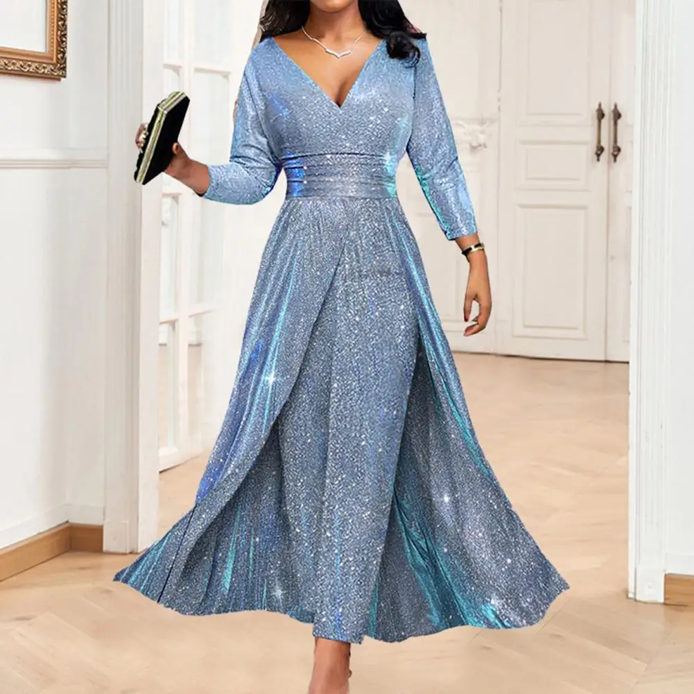 

Women Double Side Sequins Gown Jumpsuit Deep V-neck Long Sleeve High Waist Sexy Romper Large Hem Banquet Playsuit
