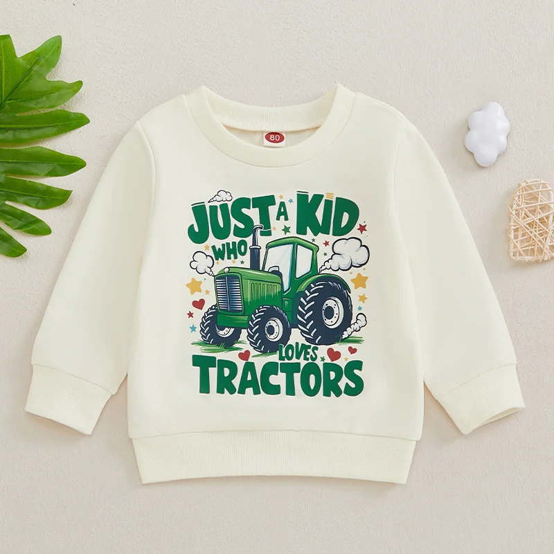-09-05 Lioraitiin Toddler Boys Sweatshirts Classic Tractor Print Long Sleeve Crew Neck Pullovers Fall Tops
