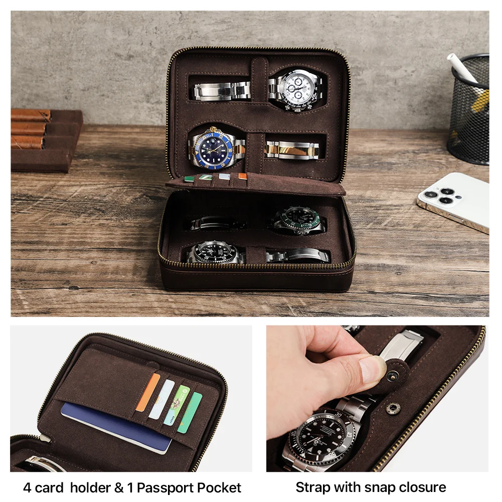 Genuine Leather 4 Slot Watch Box Display Case Storage Watch Organizer Zipper Travel Collector Case with Card Holder Pocket