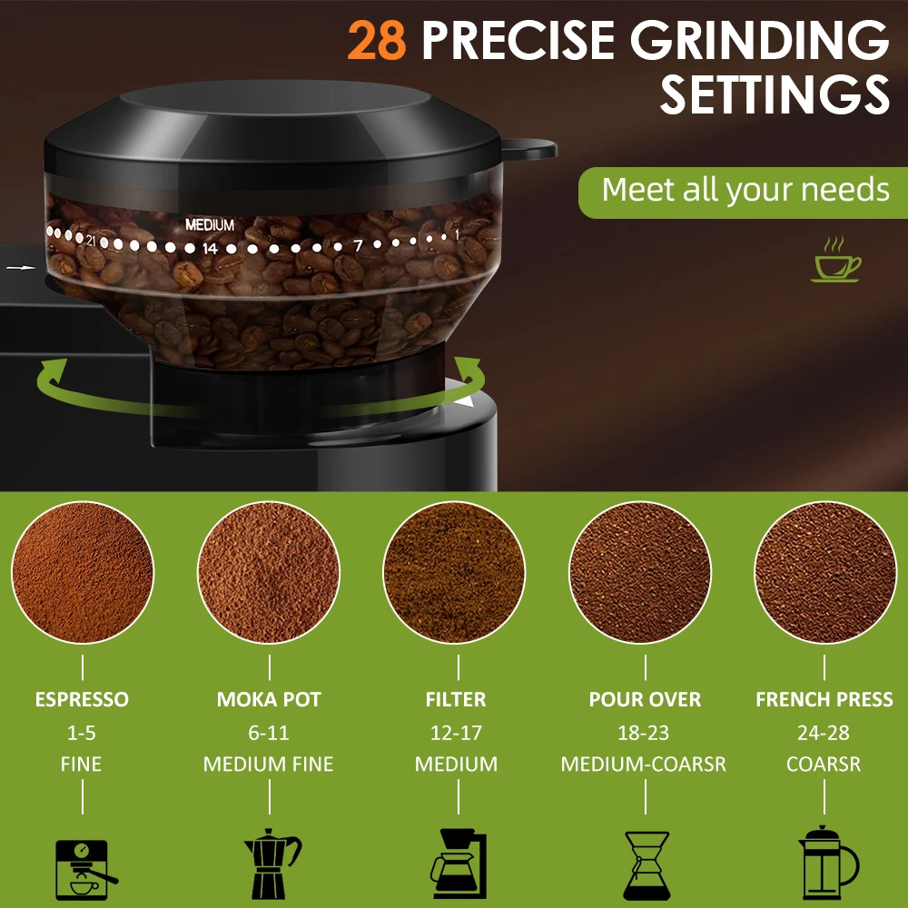 Electric Coffee Grinder Automatic Burr Mill Coffee Bean Grinding with 28 Grind Settings for Espresso French Press 2-12 Cups 2