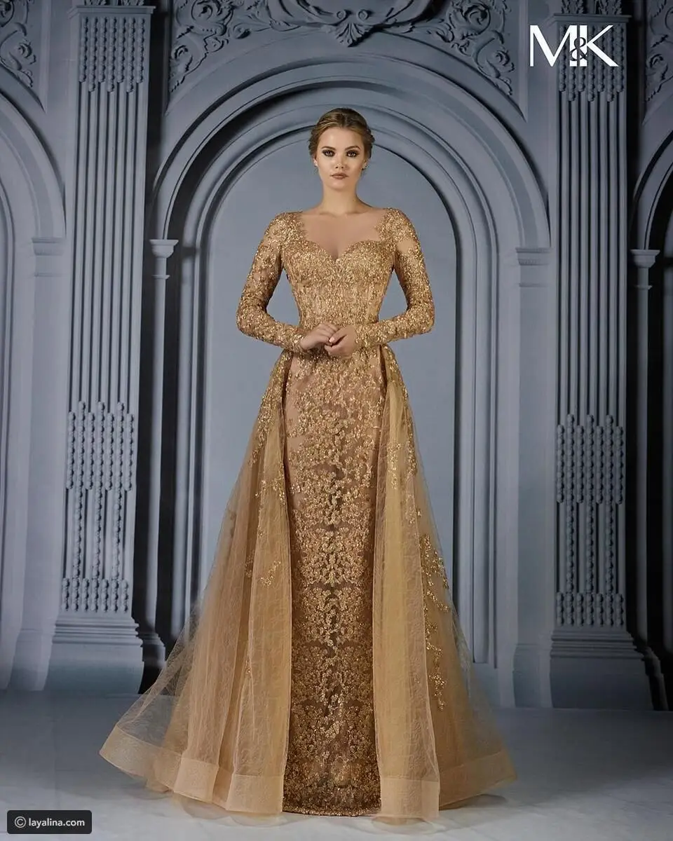 

Luxury Beads Gold Lace Applique Mermaid Evening Dresses Sweetheart Long Sleeve Party Gowns Women Formal Women Prom Dress