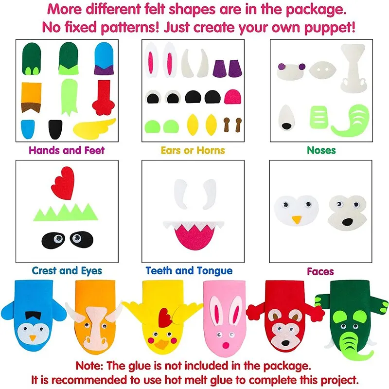 12Pcs Hand Puppet Making Kit for Kids Art Craft Felt Sock Puppet Toys Handicraft Creative DIY Storytelling Role Play Supplies