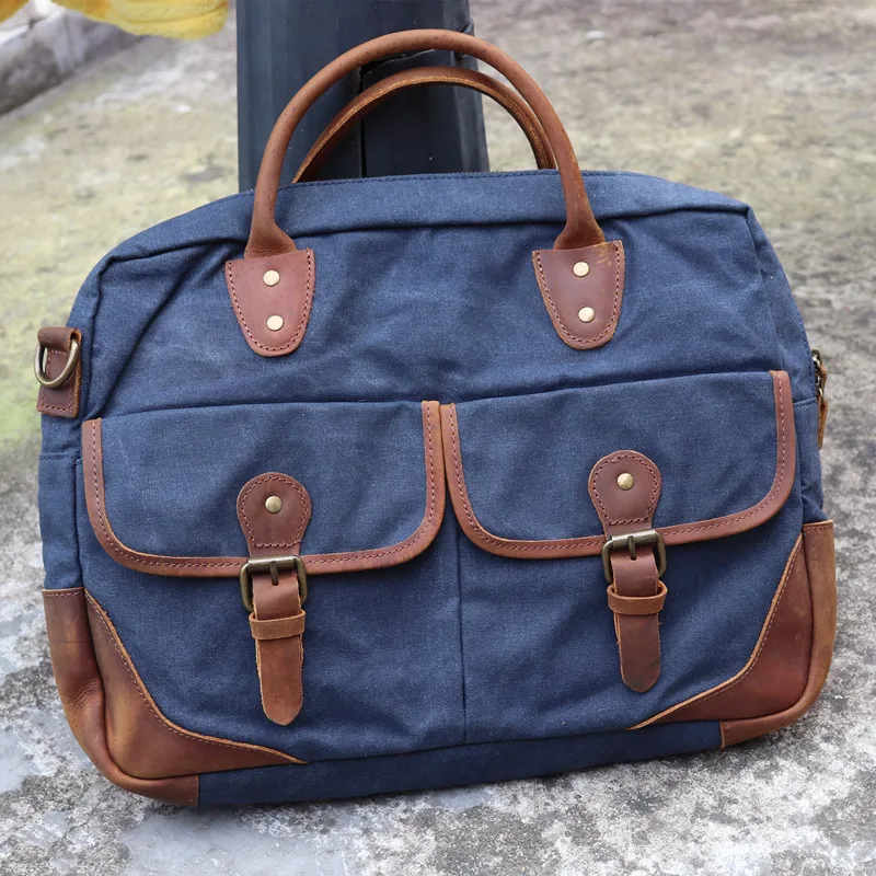 

Vintage Canvas Leather Handbag Men Briefcase Bag Large 14'' Portable Laptop Bags Daily Work Male Business Shoulder Messenger Bag