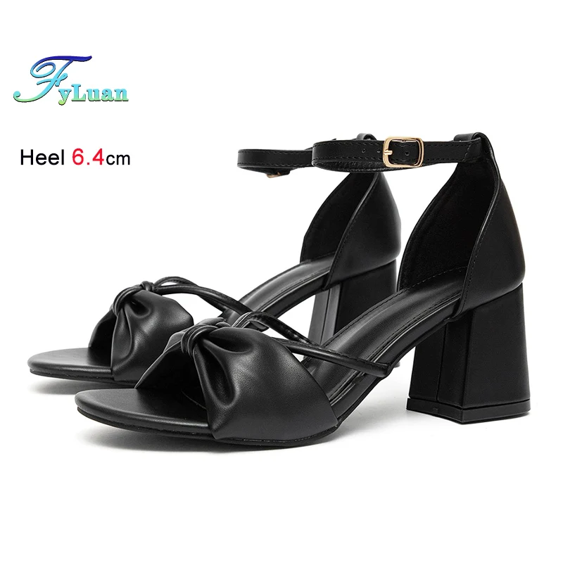 New Black Cover Heel Chunky Heeled Sandals For Female 6.4CM Summer Bow-knot Ankle Strap Party Shoes Women High Heels Size 36-42