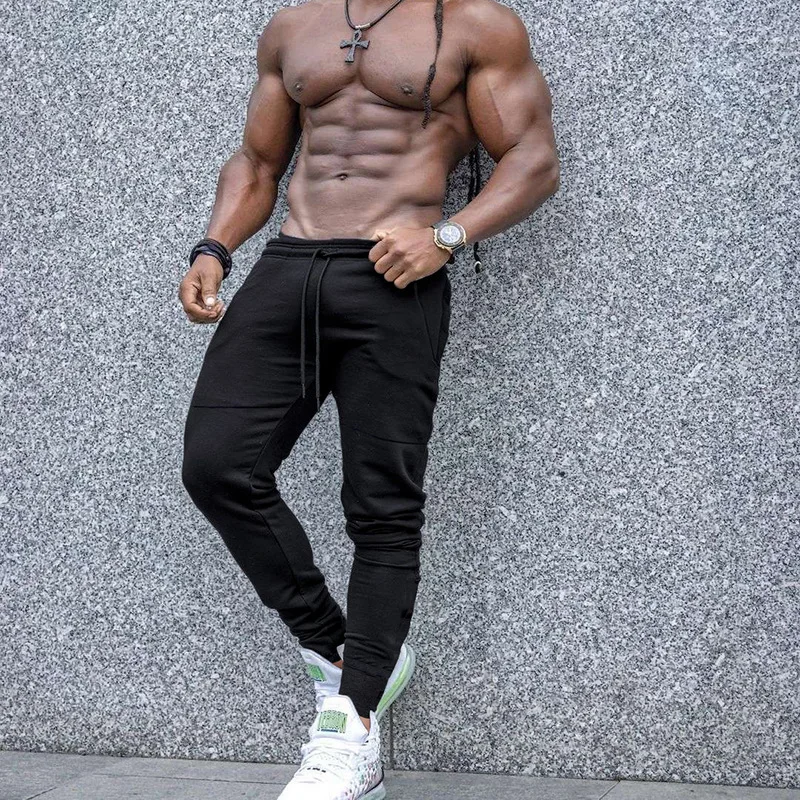Cotton sweatpants slim leg fitness pants muscle solid color elastic running pants trousers