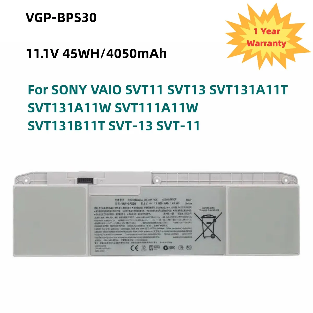 

VGP-BPS30 11.1V 45WH Laptop Battery for SONY VAIO SVT11 SVT13 SVT131A11T SVT131A11W SVT111A11W SVT131B11T SVT-13 SVT-11 Series