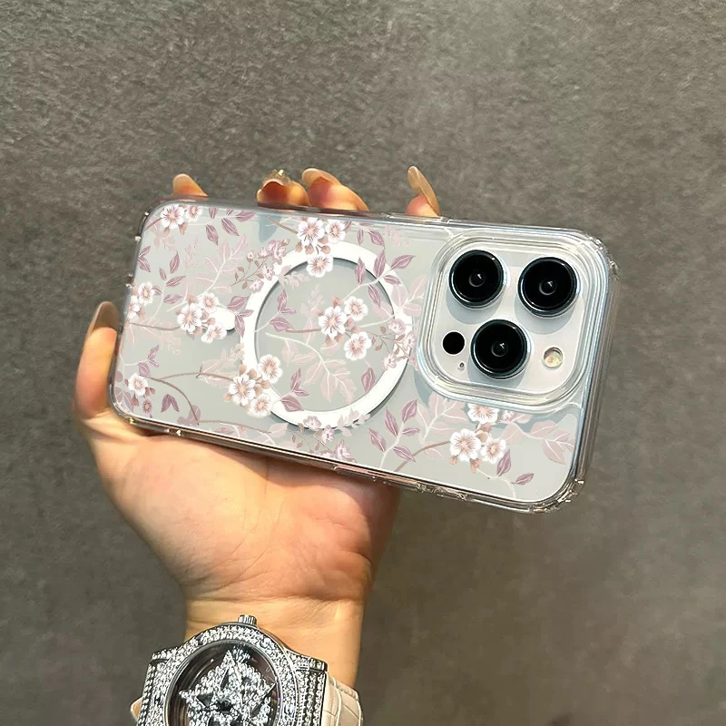 Elegant Purple White Floral Magnetic Clear Phone Case - Shockproof Hard Cover