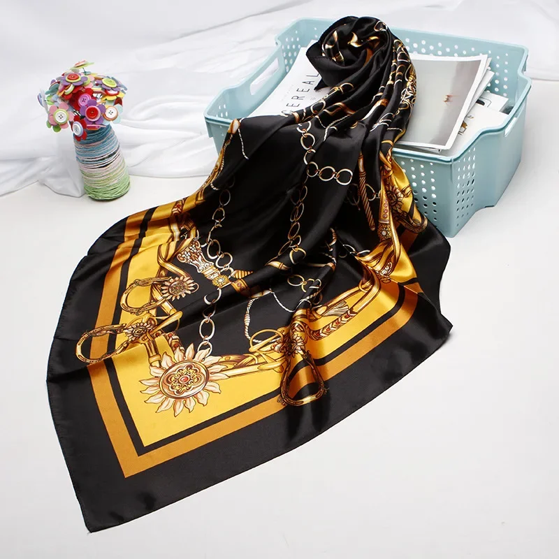 Fashion Hair Scarf For Women Kerchief Black Faux Silk Satin Hijab 90cm*90cm Square Shawl Neckerchief Scarves Ladies