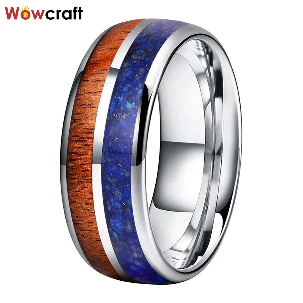 

8mm Fashion Men Women Jewelry Tungsten Wedding Band with Koa Wood Lapis Lazuli Inlay Dome Shape Promise Ring Comfort Fit