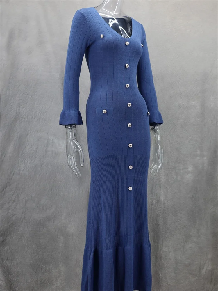 Wmstar Dresses for Women Wholesale Long Sleeve Bodycon Knitted V Neck Maxi Dress Fashionable for Fall Winter Drop Shopping