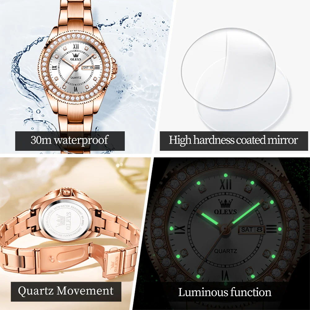 OLEVS Brand Luxury Rose Gold Quartz Watch for Women Stainless Steel Waterproof Week Date Fashion Womens Watches Relogio Feminino