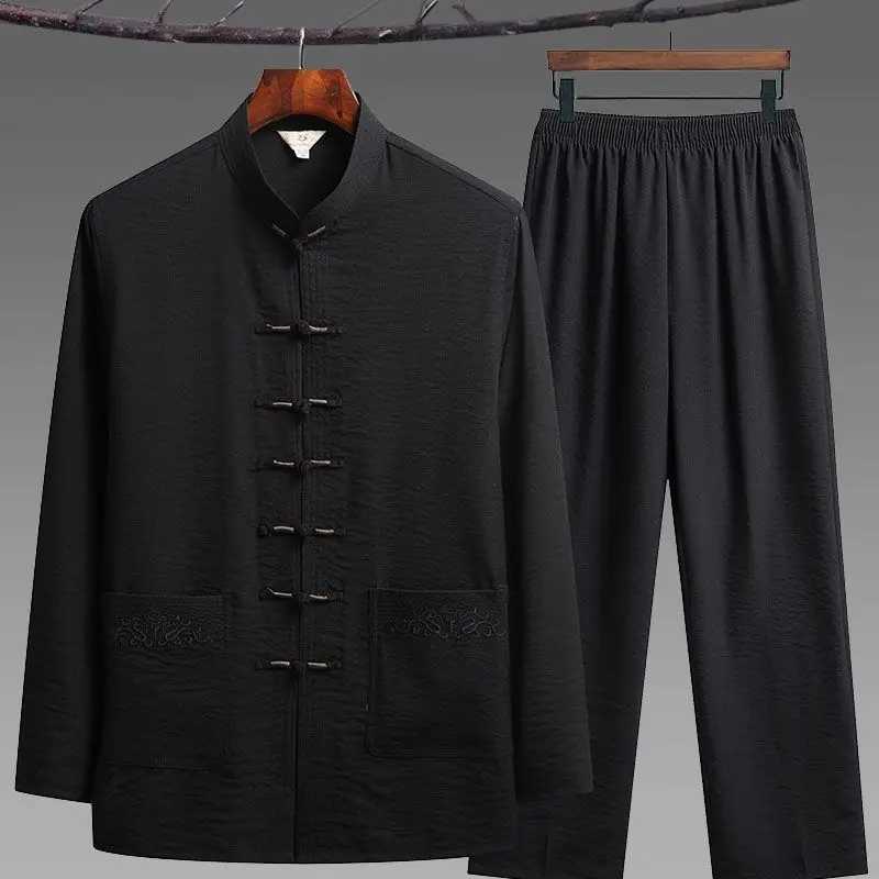 Men Hand Button Tang Suit Shirt & Pants Cotton Linen Vintage