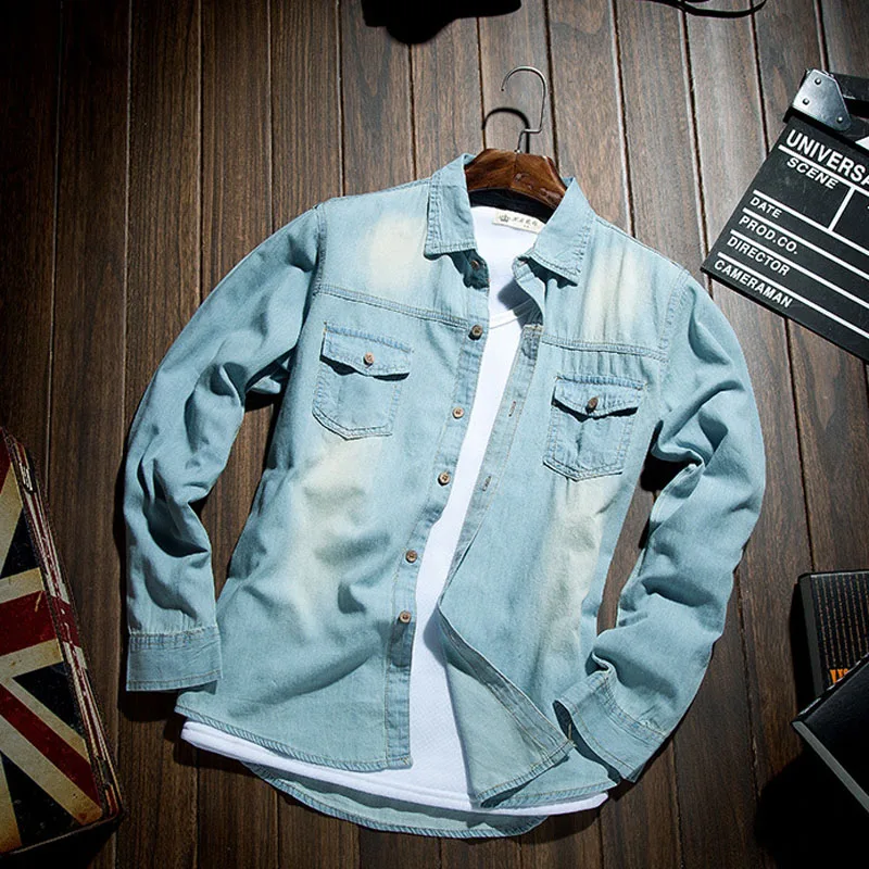Fashion Classic Retro Jeans Shirt with Pocket Slim Fit Men's Long Sleeve Blue MY850 for Spring
