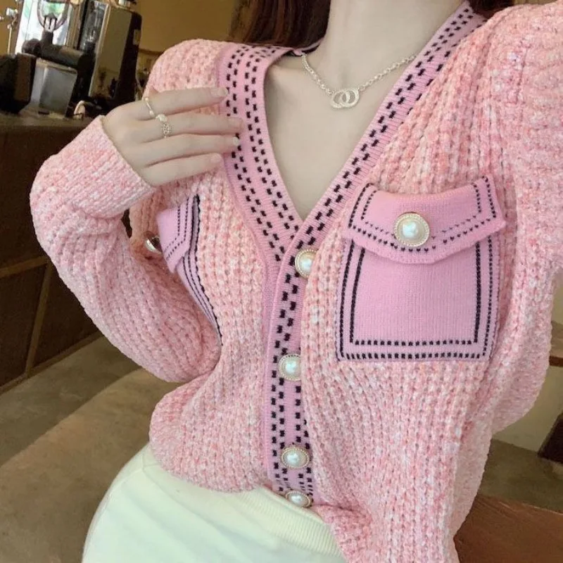 

Korean Fashion V-neck Pink Sweater Knit Cardigan Long Sleeve Pearl Buttons Coat Autumn Winter Vintage Streetwear Short Tops New