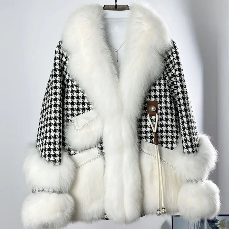 

Winter Coat Women Fashion Houndstooth Woolen Patchwork Imitation Fox Fur V-neck Long Sleeve Warm Jacket Women Overcoat