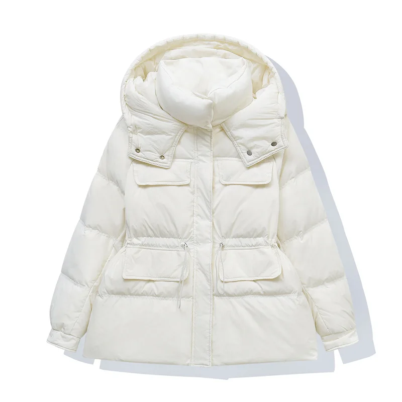 2023 Autumn Winter New Down Jacket Women Hooded Thickened Korean Fashion Workwear Long Sleeve White Duck Down Loose Coat
