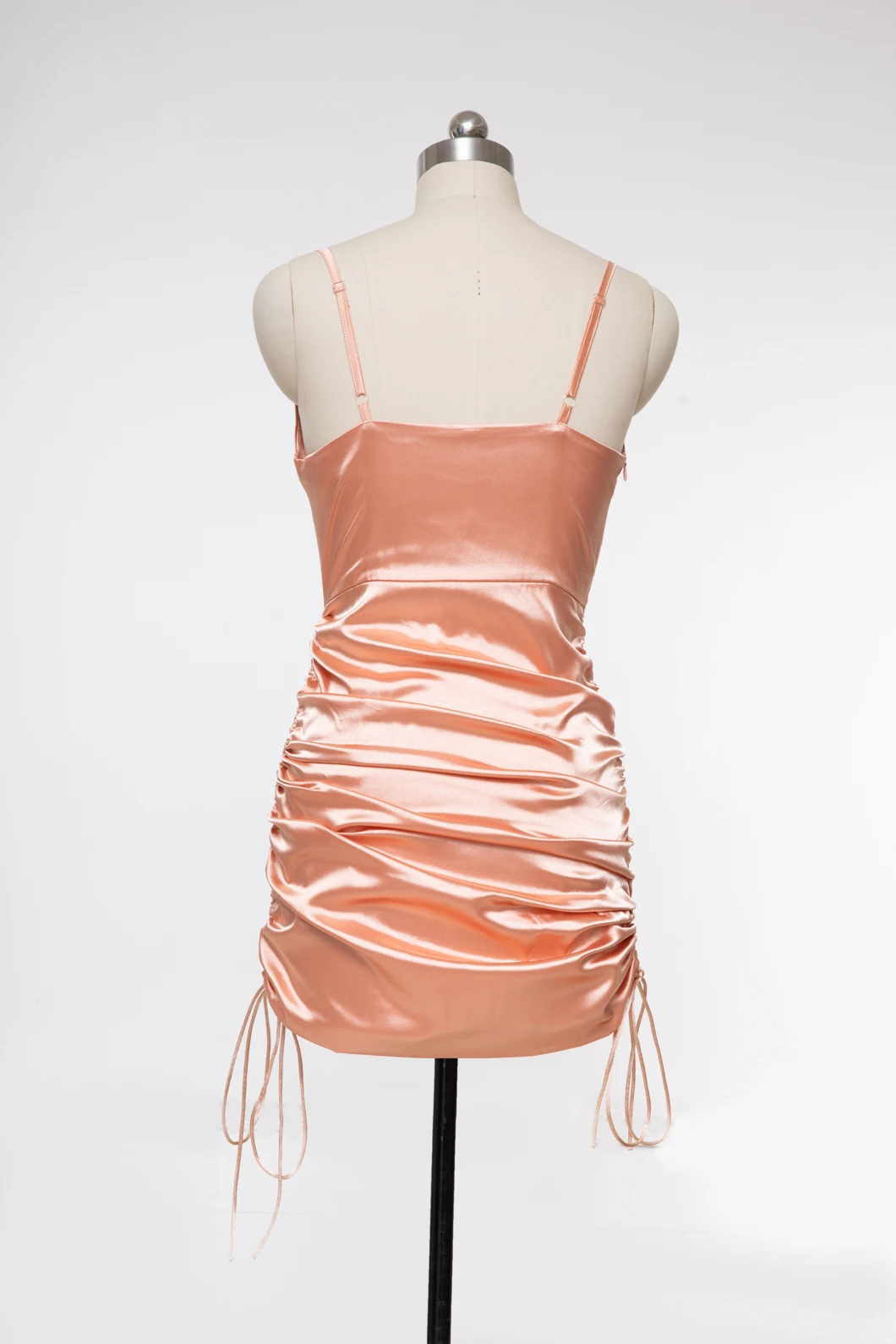 DIWU Ruched Satin Summer Dress Drawstring Spaghetti Straps Cowl Neck Backless mini Dresses for Women Party Sexy Vestidos 2022